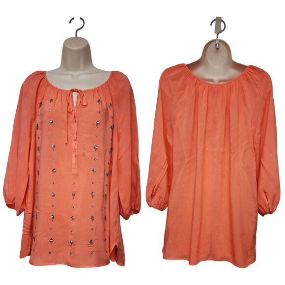 JCP JPPenny Round Neck Semi-Sheer Embellished Long Balloon Sleeve Color Pink - Picture 1 of 10